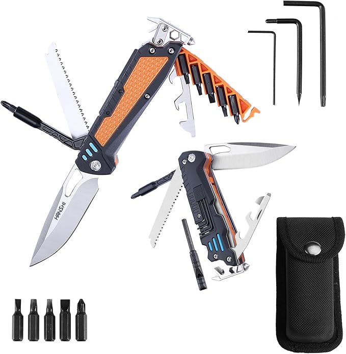 HANSHI 13 in 1 Multitool Knife with Nylon Sheath for Camping,Hiking,Survival,Outdoor Multi Tool Pocket Knife with Window Breaker,Birthday Christmas Valentine's Day Gift for Dad Mens Boyfriend(Black)