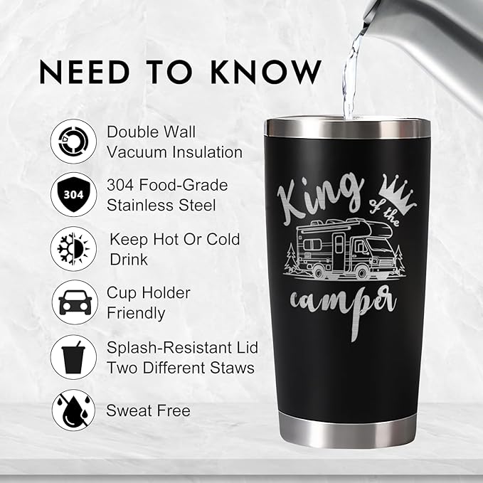 King of the Camper Tumbler, Perfect Camping Gifts for Men Dad Brother Husband Grandpa Outdoor Adventures Lovers, Christmas, Birthday Gifts for Campers, 20 oz Camping Tumbler with Lid Straws