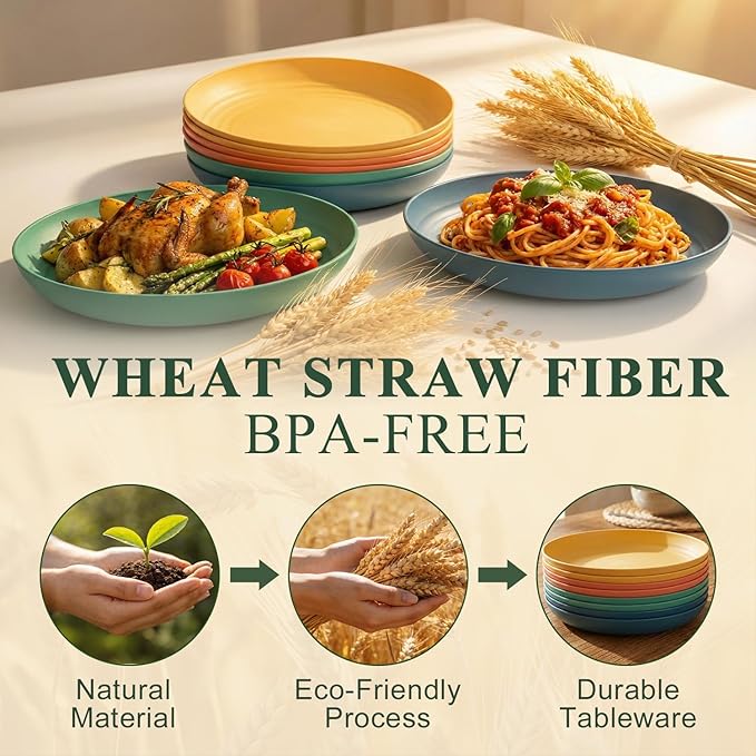 Wheat Straw Plates Set for 8, Unbreakable & Lightweight Dinner Plates 9 Inch, Plastic Plates Reusable, Microwave and Dishwasher Safe Kitchen Plate for Outdoor, Camping, Picnic- Multi