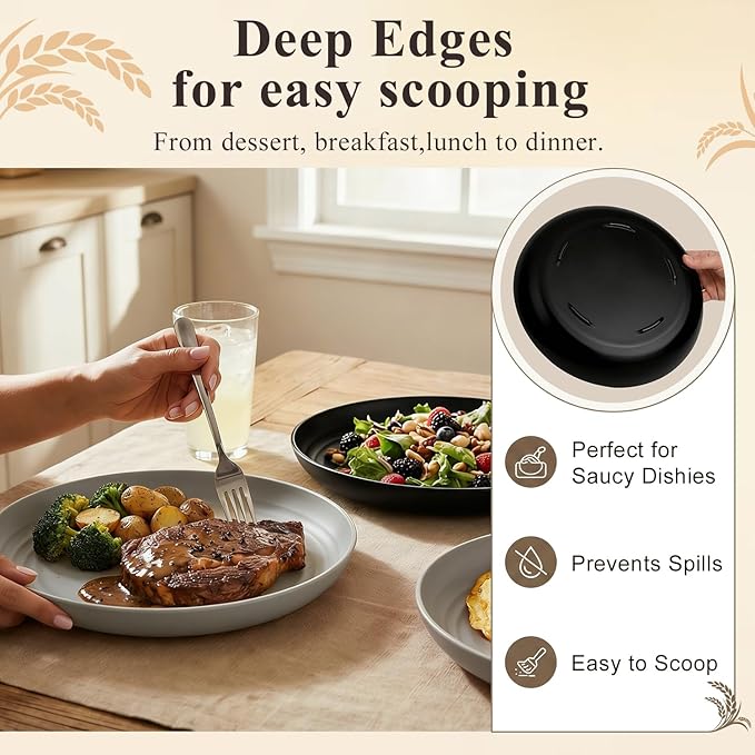 Kitchen Plates Set for 8, Unbreakable Wheat Straw Plates 11 Inch, Alternative to Plastic Plates Reusable, Microwavable Large Plates for Kitchen, Outdoor, Dinner, Party - BlackGrey