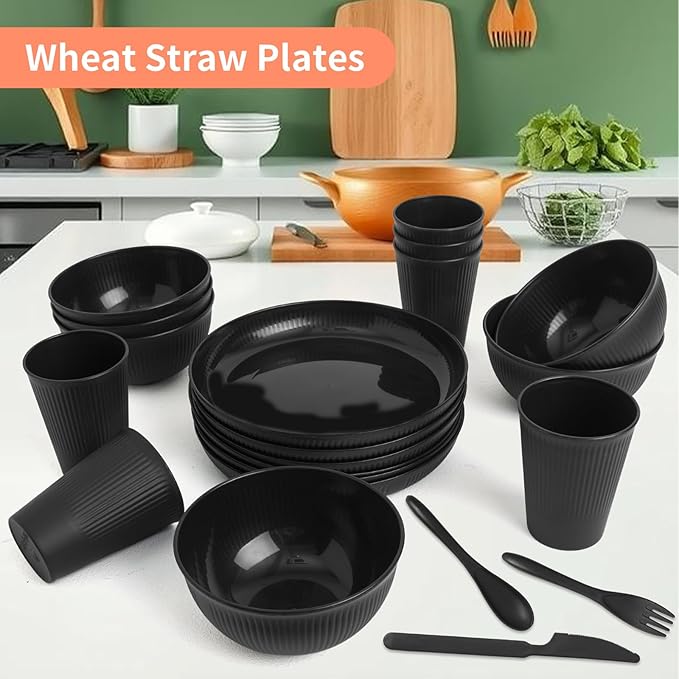 36 Pcs Wheat Straw Dinnerware Set,Dinnerware Sets for 6,Large Round Plates, Bowls and Cups, Unbreakable dish set, Dishwasher and Microwave Safe, Outdoor Camping Dishes (Black)