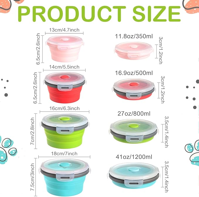 Suclain 4 Pcs Collapsible Bowls with Lids Silicone Camping Food Storage Container Expandable Folding Salad Lunch Box Travel Container for Hiking Camping