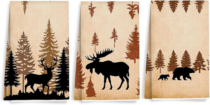 3PCS Wild Animal Deer Moose Bear Forest Camping Kitchen Towel for Campsite Cabin RV, Forest Wildlife Reusable Absorbent Waffle Weave Dish Tea Towels for Cleaning Cooking Baking, Camping Lovers Gifts