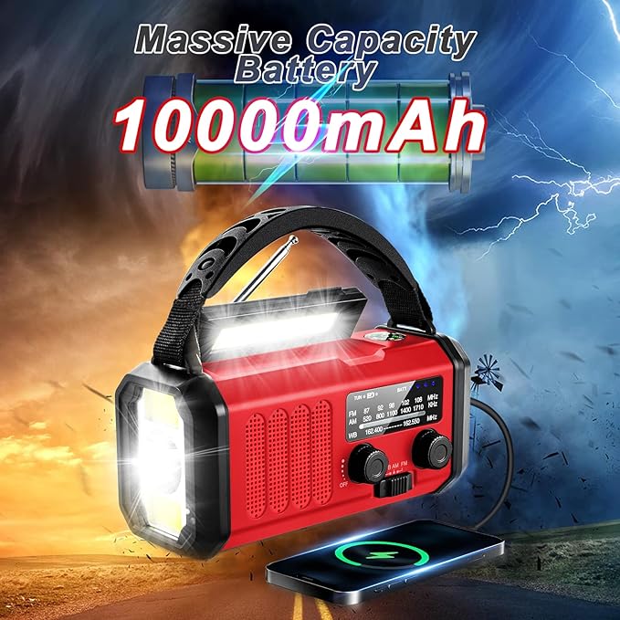 Leaton Weather Radio, Emergency Crank Radio AM/FM/NOAA Solar/Hand Crank/USB Charging,10000mAh /37000mWh Rechargeable Battery, Flashligh Cell Phone Charger for Hurricanes Camping & Home Emergencies