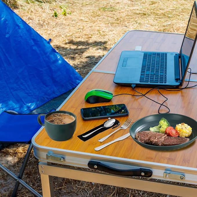 Camping Utensils Set, ReaNea Camping Plates and Bowls Set with Coffee Mug, Travel Cutlery Set Include Spoon, Fork, Knife for Home, Poolside, Outdoor, Picnic, Camp