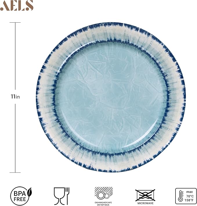 AELS Melamine Salad Plates Set of 6, 11 inch Serving Dishes for Indoor and Outdoor Use, Dishwasher Safe, Lightweight Unbreakable, BPA Free, Light Blue