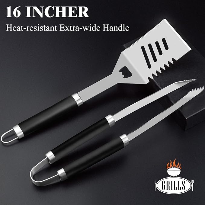 ROMANTICIST 26pcs Grilling Gifts for Men, Dad Gifts for Father's Day, Stainless Steel BBQ Grill Accessories Tools Set, Heavy Duty BBQ Utensils Kit with Apron, Thermometer, Mats in Aluminum Case Black