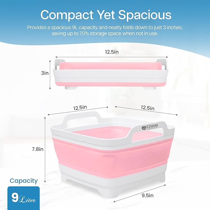 EZuraa 2.4 gal(9L) Pink Collapsible Dish Basin, Portable Sink or Dish Pan for Kitchen Sink with Drain Plug/Strainer, Space Saving Baby Bottle Wash Basin Collapsible Bucket, Beverage Tub for Camping