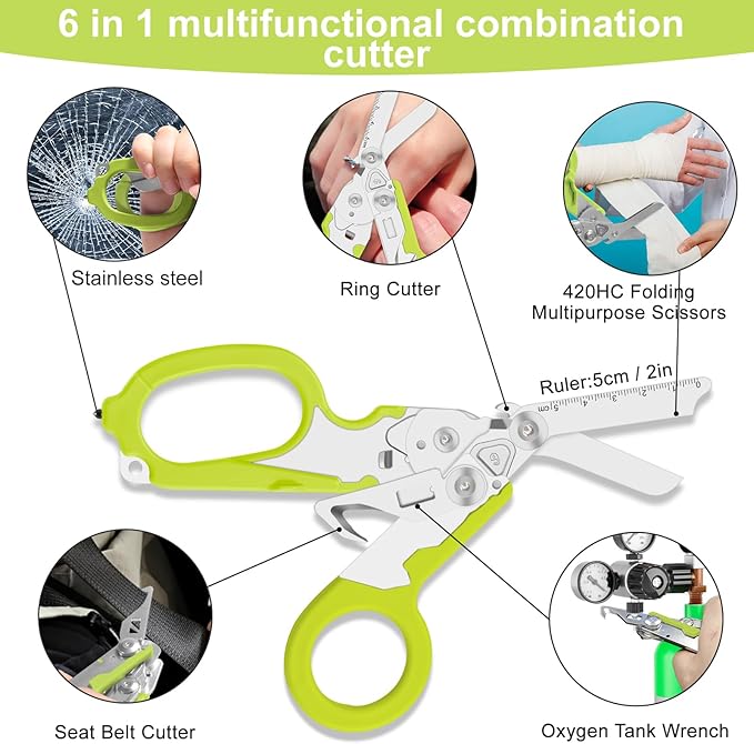 6in1 trauma shears - emergency responders, outdoor emergencies scissor, medical staff, and outdoor camping scissors, ttrauma scissors (green)