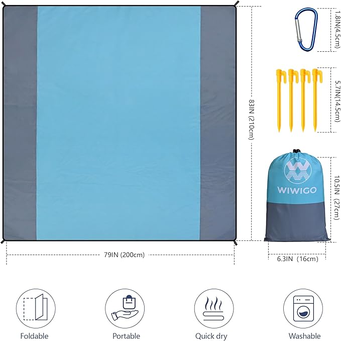 WIWIGO Beach Blanket Waterproof Sandproof Beach Mat 79" X 83"/10'x9'for 2-8 Adults Quick Drying Outdoor Picnic Mat Beach Accessories for Travel, Camping, Hiking