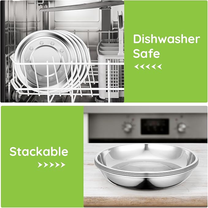Patterned Deep Metal Camping Plates, 8 Pack 9.4 inch 201 Stainless Steel Plates, Reusable Pizza Food Serving Snack Eating Salad Dishes Round Shatterproof Silver Dinnerware Dinner Oven Safe
