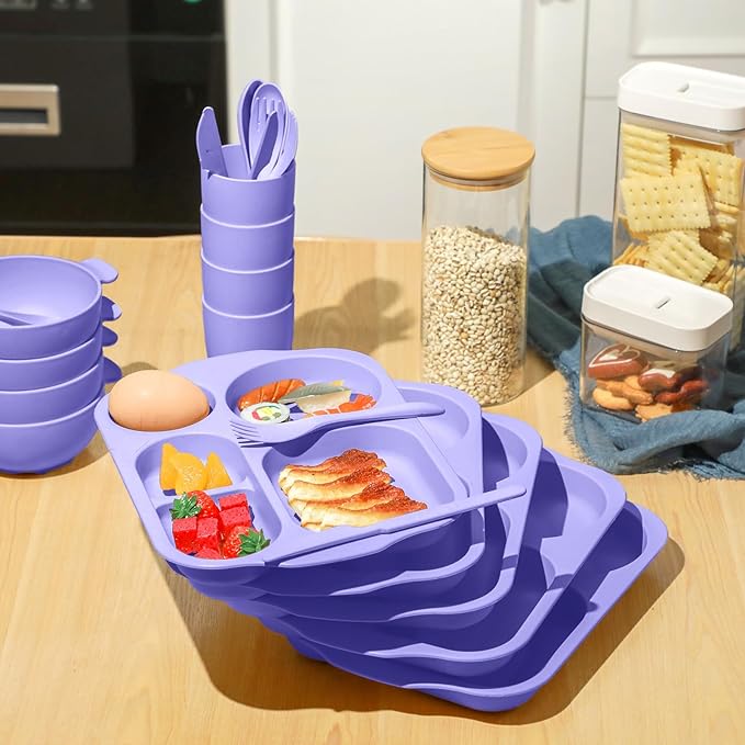 24 Pcs Wheat Straw Dinnerware Cutlery Set for Aldult Including Divided Plates Microwave Dishwasher Safe Bowl Unbreakable Tableware Straw Cutlery Spoon Knife Fork(Light Purple)