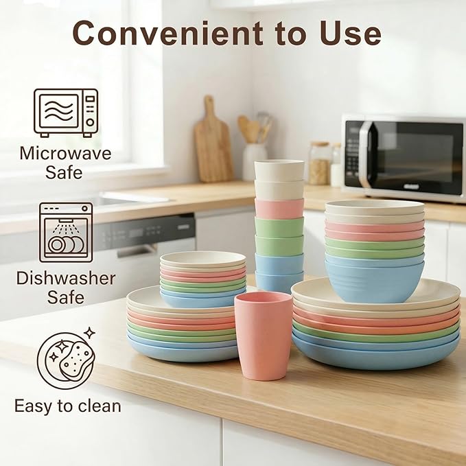 Plates and Bowls Sets 40 Piece, Wheat Straw Dinnerware Sets for 8, Dishes Set for 8, Unbreakable Cups and Plates Sets for Kitchen, Microwave Safe Plates, RV and Camper Essentials - Colorful