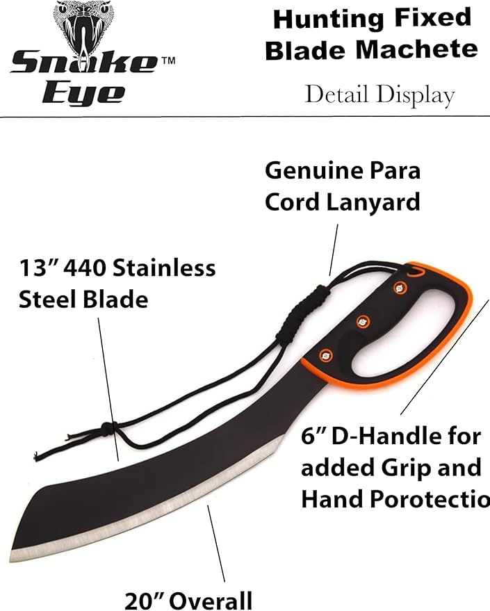 Snake Eye Tactical Full-Tang Machete – Heavy Duty Fixed Blade Survival Tool with Reinforced Nylon Sheath for Camping, Hunting, and Bushcraft