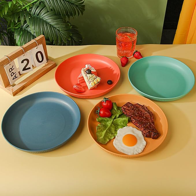 Dinner Plates Set of 4, 8 Inch Plastic Plates Reusable, Wheat Straw Plates, Dishwasher & Microwave Safe, Lightweight Salad Plates for Camping/Kitchen