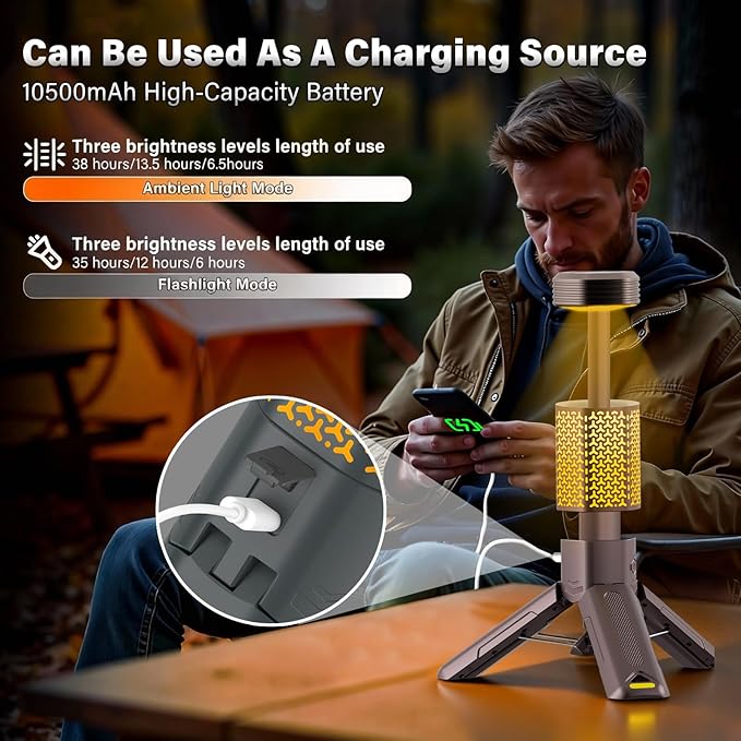 Telescopic Portable Camping Light with Stand - 10500mAh Rechargeable Camping Light with Storage Bag, Dimmable Magnetic Tent Lamp,Waterproof Tripod Pole Work Lights for Outdoor Emergency, Hiking, Gray