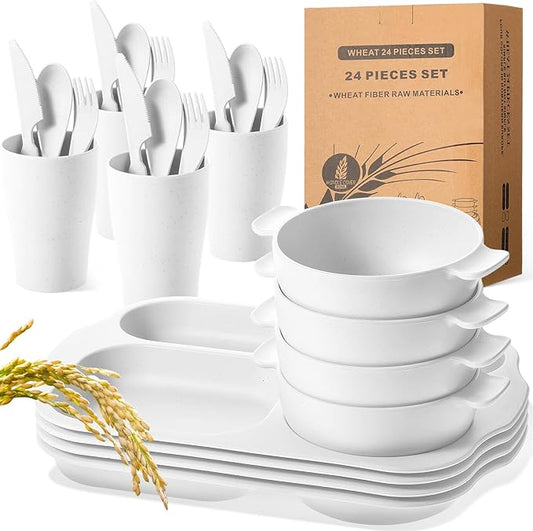24 Pcs Wheat Straw Dinnerware Cutlery Set for Aldult Including Divided Plates Microwave Dishwasher Safe Bowl Unbreakable Tableware Straw Cutlery Spoon Knife Fork(White)