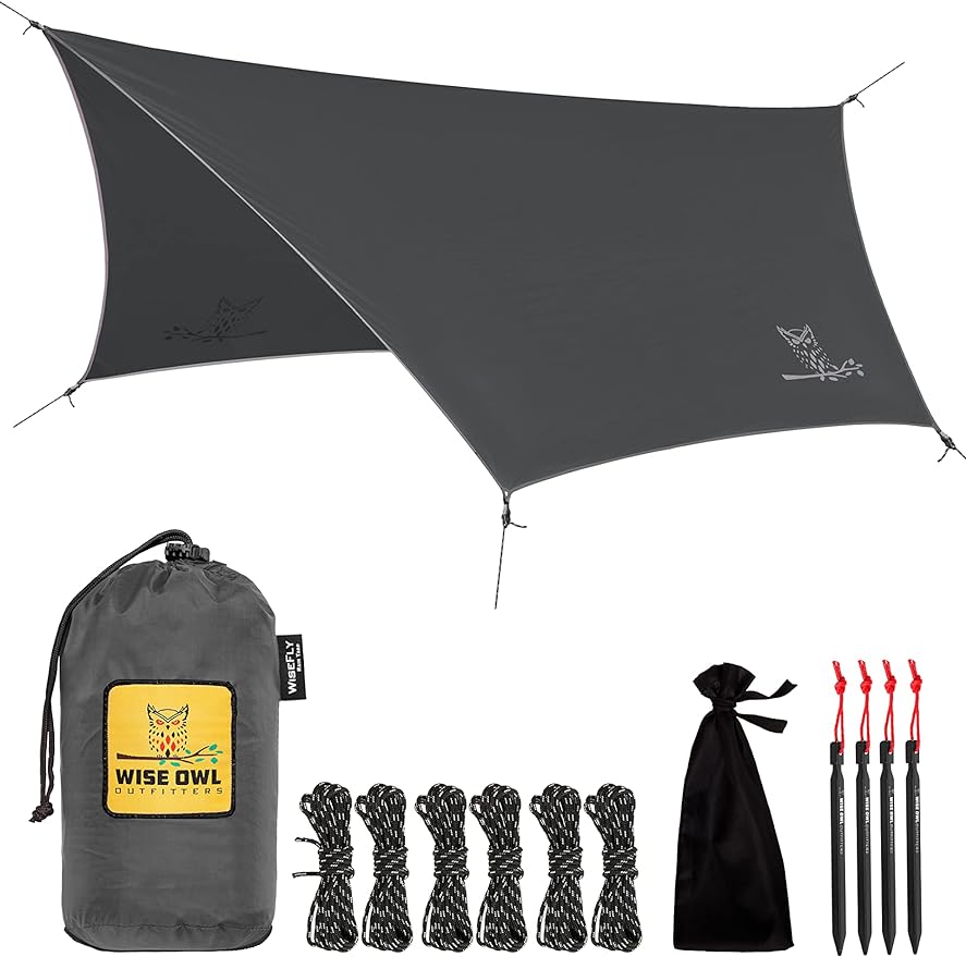 Wise Owl Outfitters Hammock Rain Fly – Waterproof Camping Tarp Cover with Tent Stakes & Carry Bag, Ultralight Shelter for Backpacking & Outdoor Shade