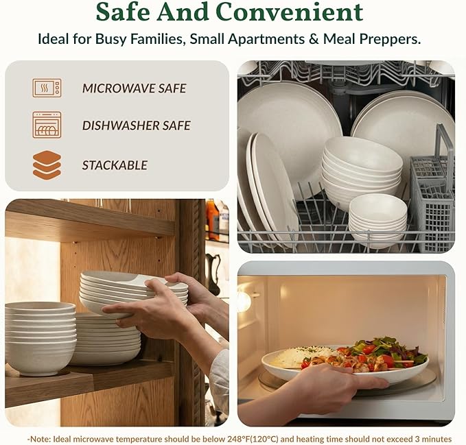 Homienly 40 PCS Kitchen Dinnerware Sets, Wheat Straw Plates and Bowls Sets, Unbreakable Dishes Set for Camping, Picnic, Microwave and Dishwasher Safe, Plates, Bowls, Cups, Service for 8 (White)