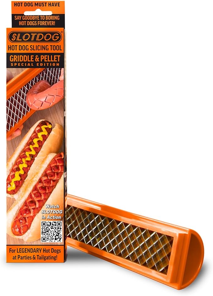 SLOTDOG - Hot Dog Slicing Tool - Orange - Griddle & Pellet Grill Special Edition For Griddles, Grills, Smoker, Air Fryer, Oven, BBQ, Campfire, Kitchen, Tailgating - Stainless Cutter Blades 10 inch
