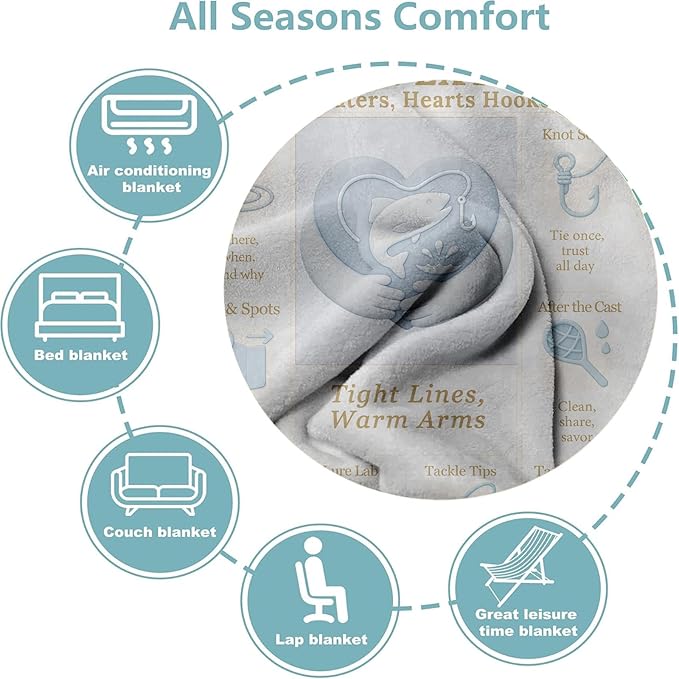 Fishing Throw Blanket 60x50 Flannel Fleece, Vintage Fishing Newspaper Style, Blue Ivory — Fish Throw Blanket for Dad Men Boys — Lake House & Cabin Decor Gift