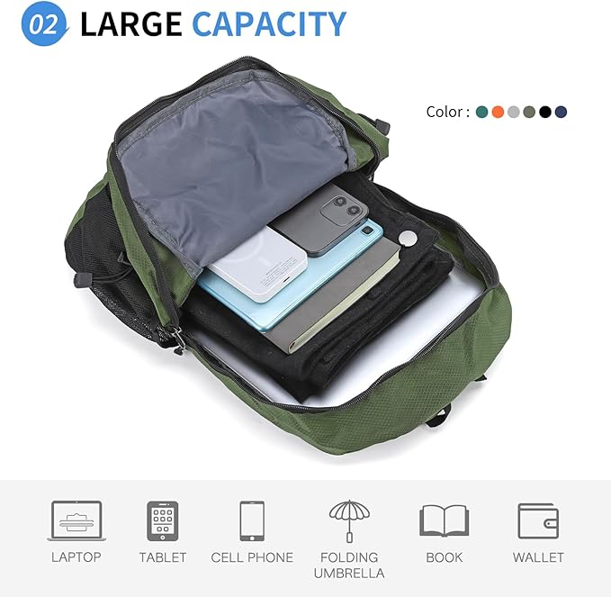 Hiking Daypack Packable, Camping Backpack Water Resistant Lightweight Polyester for Men Women Travel Outdoor