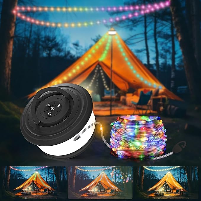TOHETO 2-Pack Camping String Lights, 3 in 1 Upgraded Retractable RGB Outdoor String Lights with 19 Lighting Modes, Quick 30s Recovery, 32.8 FT Portable Tent Light, Rechargeable Camping Lantern (Black)