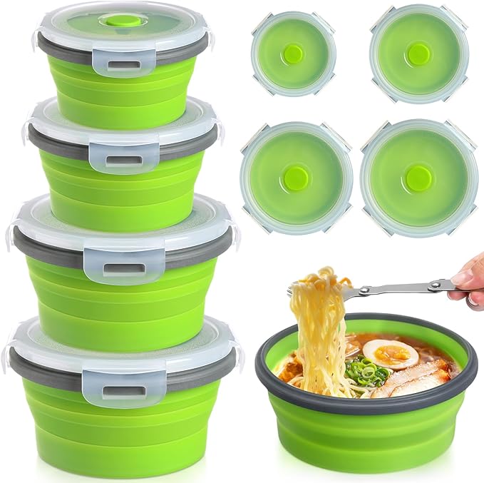 Suclain 4 Pcs Collapsible Bowls with Lids Silicone Camping Food Storage Container Expandable Folding Salad Lunch Box Travel Container for Hiking Camping
