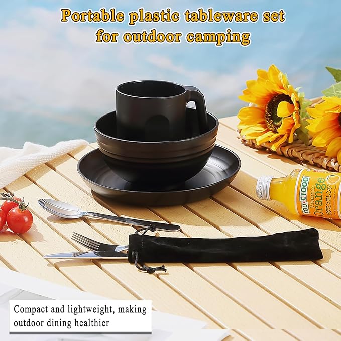 Camping Utensils, Reanea Camping Mess Kit for Travel, Camping, Picnic, Outdoor, Camping Gear Include Knife, Spoon, Fork Cutlery Set, Cup, Bowl, Plate, Camping Essentials for 1