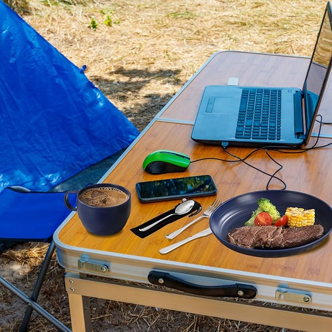 Camping Utensils Set, ReaNea Camping Plates and Bowls Set with Coffee Mug, Travel Cutlery Set Include Spoon, Fork, Knife for Home, Poolside, Outdoor, Picnic, Camp