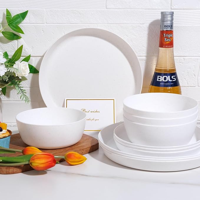 EI 12pcs White Wheat Straw Plates,Wheat Straw Dinnerware Set,Plates and Bowls Sets,Unbreakable Plastic Plate,Plastic Plates Reusable,Dinner Plates Set of 4,Plastic Dishes Set