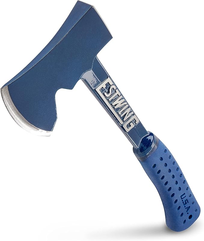 ESTWING Camper's Axe - 14" USA Made Blue Hatchet with Tent Stake Puller & Shock Reduction Grip - E6-25A