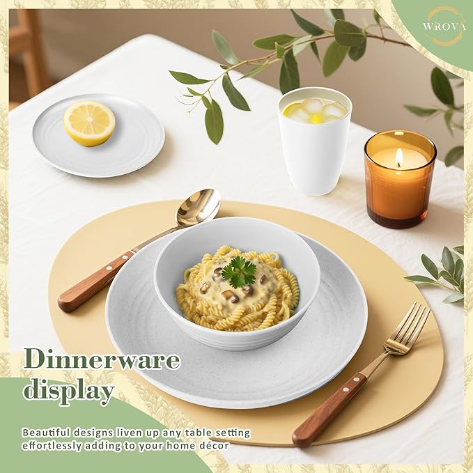 Wrova 32-piece Kitchen Alternative Plastic Wheat Straw Dinnerware Sets,Unbreakbale Dishwasher Safe Kitchen Bowls and Plates Sets with Cups,Modern Apartment Essential Dishes Set for 8.White Series