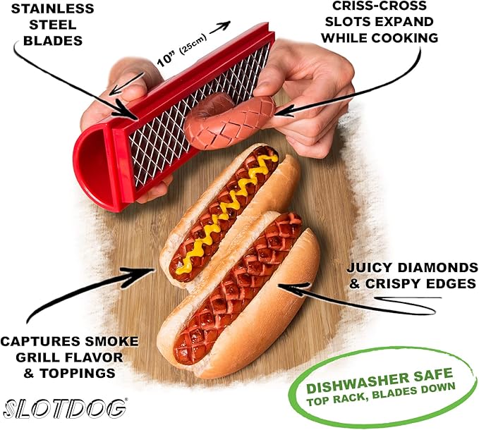 SLOTDOG - Hot Dog Slicing Tool - Stainless Steel Cutter Blades for Kitchen, Grilling, Tailgating, Camping and Backyard Outdoor BBQ - 10 inch - Red