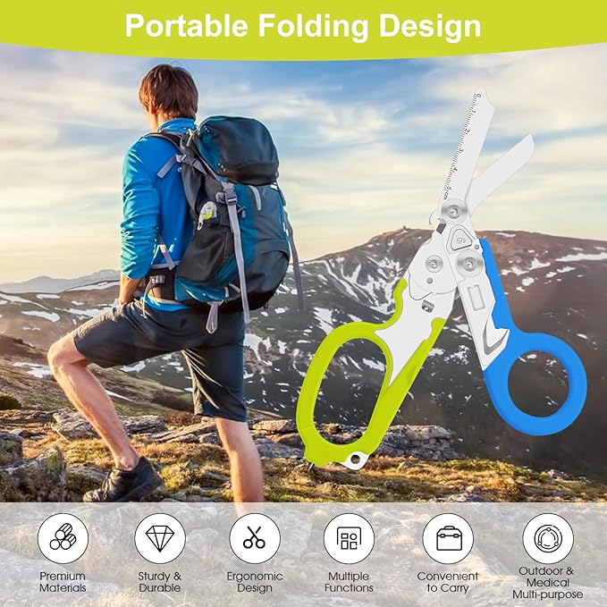 Lemasa6 in 1 Multifunctional Combination Tool, Folding Retractable Emergency Shears, Outdoor Camping Tools, Seat Belt Cutter, Oxygen Cylinder Wrench, Complimentary Adjustable Wrench (blue-green)
