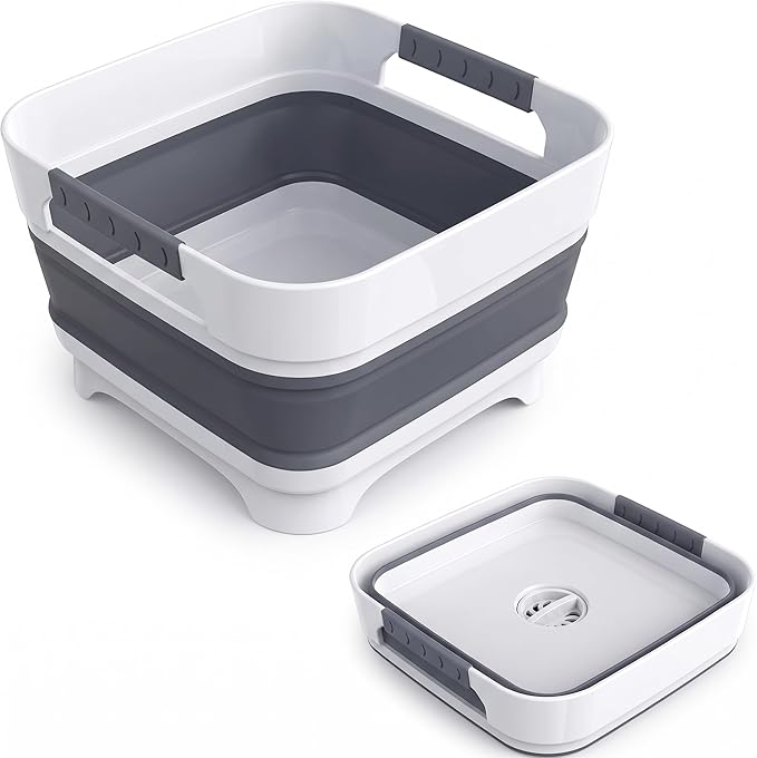 Collapsible Dish Basin with Drain Plug, 2.4 Gal 9L Foldable Wash Basin, Portable Sink Tub for Kitchen, Baby Bottles, Camping, RV, Vegetable Washing and Beverage Tub, Gray