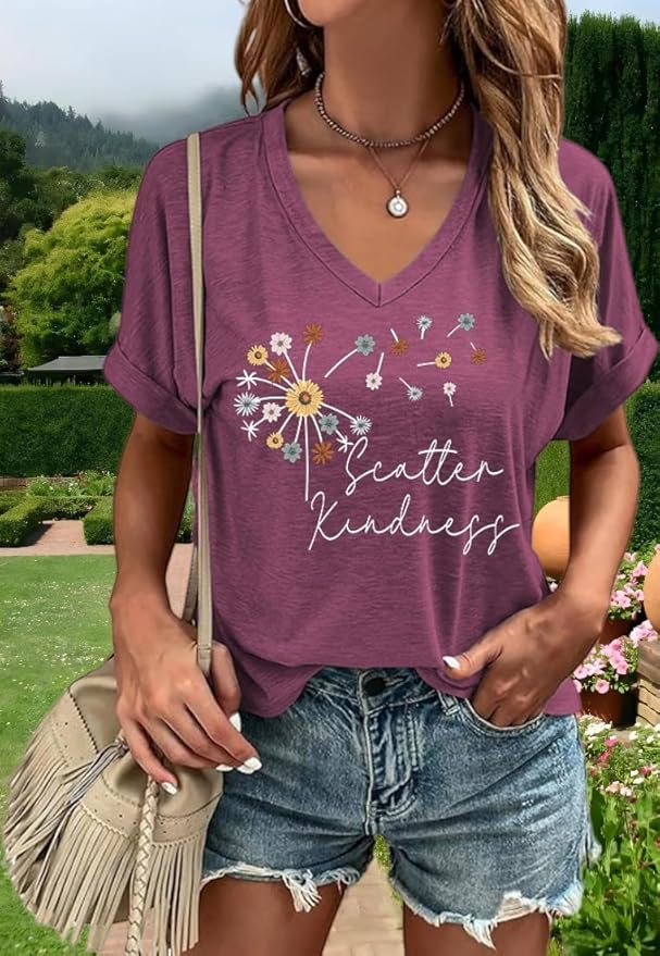 Graphic V Neck Shirt for Women Boho Floral Wildflowers Tee Casual Cottagecore Summer T-Shirt Blouse