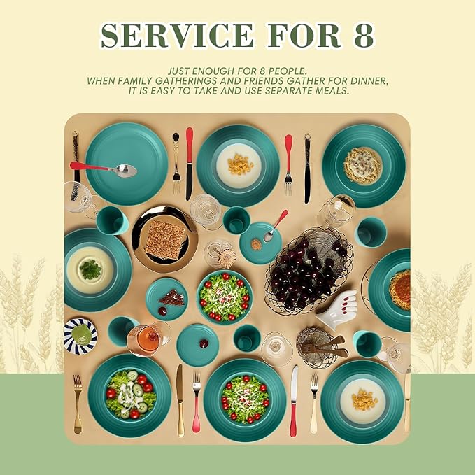 Wrova Wheat Straw Dinnerware Set of 32,Unbreakable Dinner Plates and Bowls Dishes Sets Service for 8,Dishwasher Safe Dinnerware Sets for Kitchen and Camping.Green