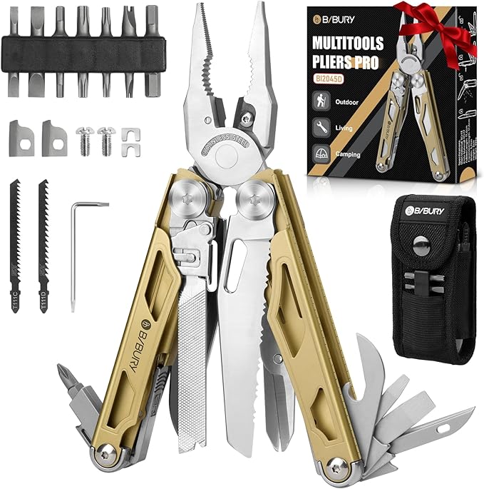 BIBURY Multitool Pliers Pro BI2045, Foldable Multitools with Replaceable Wire Cutters and Saw, Stainless Steel Multi Tool w/Upgraded Scissors and Screwdriver Set, Ideal for Camping, Hiking, Survival