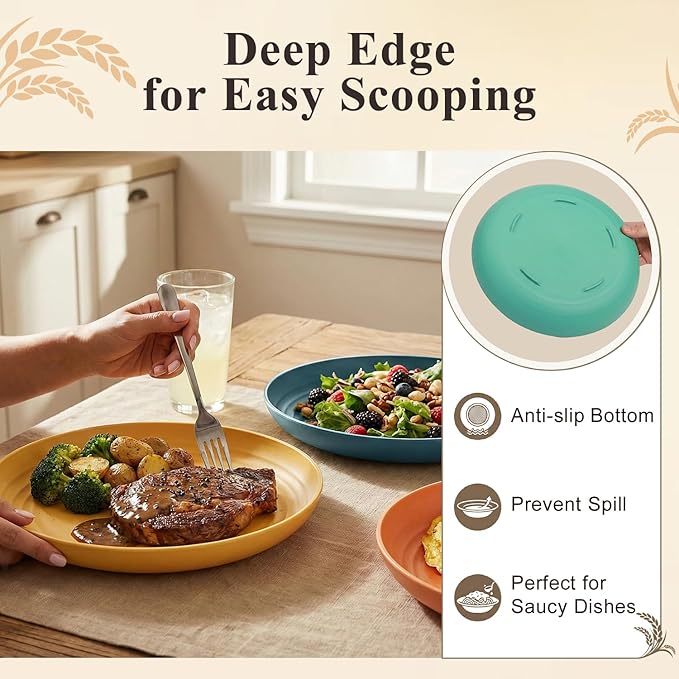 Large Wheat Straw Plates 11 Inch, Unbreakable Dinner Plate Set for 8, Plastic Plates Reusable, Microwave and Dishwasher Safe Kitchen Plate for Holiday, Party, BBQ - Multi