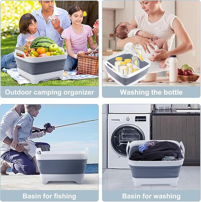 2.4 Gal(9L) Collapsible Dish Basin with Drain Plug, Space Saving Outdoor Multiuse Foldable Sink Tub, Dishpan, Kitchen Storage Tray for Camping, Vegetable Washing, RV (Gray)