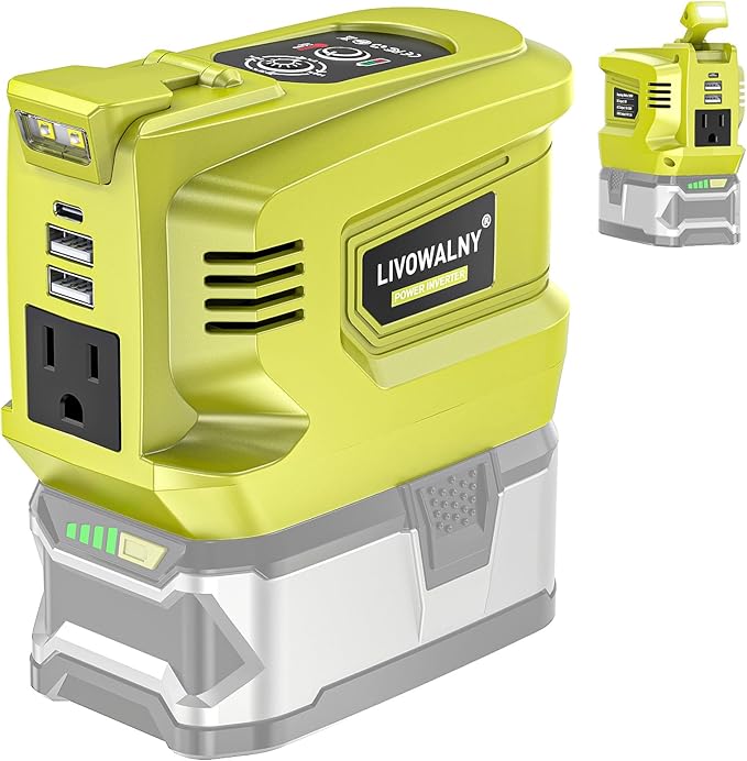 LIVOWALNY 200W Power Inverter Compatible with Ryobi 18V Battery, DC 18V to AC 110-120V Power Station with 1 AC Outlet, 2 USB, 1 Type-C & LED Light, for Camping Power Outage (No Battery)