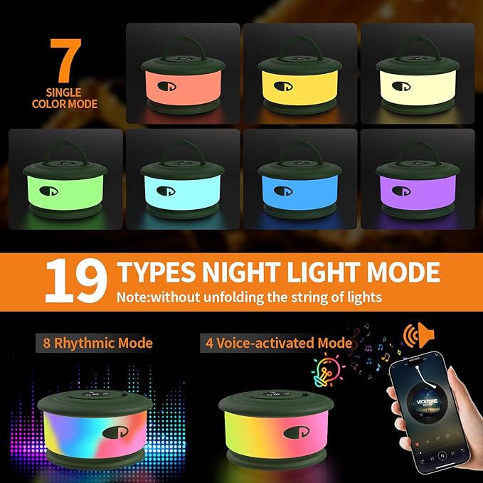 TOHETO Camping String Lights, 3 in 1 Upgraded Retractable RGB Outdoor String Lights with 19 Lighting Modes, Quick 30s Recovery, 32.8 FT Portable Tent Lights, Rechargeable Camping Lantern (Green)