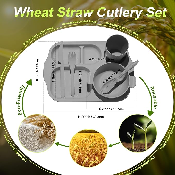 24 Pcs Wheat Straw Dinnerware Cutlery Set for Aldult Including Divided Plates Microwave Dishwasher Safe Bowl Unbreakable Tableware Straw Cutlery Spoon Knife Fork(Vivid Color)