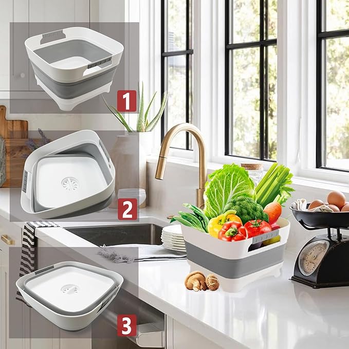 2.9 Gal(11L) Collapsible Wash Basin with Drain Plug, Space Saving Multiuse Foldable Sink Tub,Dishpan,RV camping sink,Vegetable Washing basin,Ice Beverage Tubs,Laundry & Kitchen Use
