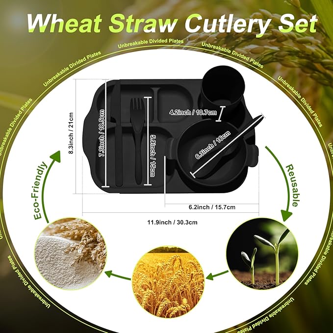 24 Pcs Wheat Straw Dinnerware Cutlery Set for Aldult Including Divided Plates Microwave Dishwasher Safe Bowl Unbreakable Tableware Straw Cutlery Spoon Knife Fork(Black)