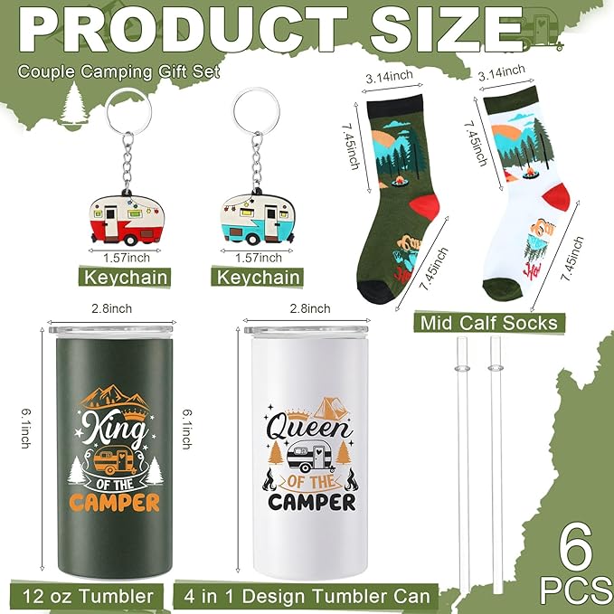 Patelai 6 Pcs Camping Gift Set RV Gifts for Couple Includes 12 oz Stainless Steel Wine Tumblers Unisex Crew Socks Keychains Outdoor Gifts for Women Men Picnics Hiking RV (Delicate)
