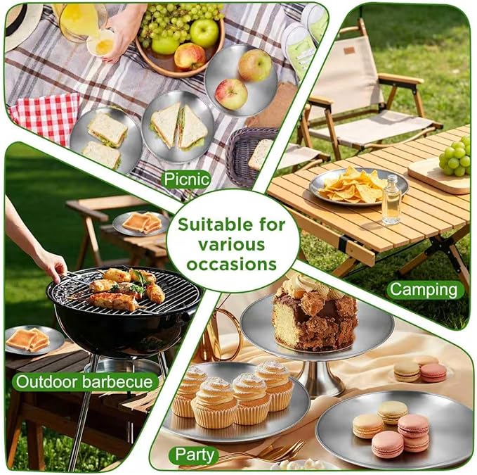Stainless Steel Plates,2 PCS 10 inch Round Metal Food Serving Plates, Dinner Plates for Outdoor Camping Hiking, Party Serving, Feeding,Non Toxic & Reusable, Dishwasher Safe
