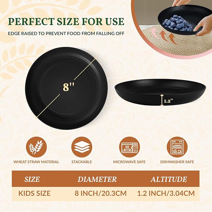 Homienly Wheat Straw Plates Unbreakable Deep Dessert Plates Set of 8 Plastic Plates Reusable Microwave Safe Plate for Kitchen Camping Party Dishwasher Safe Stackable Appetizer Plates (8in, Black)