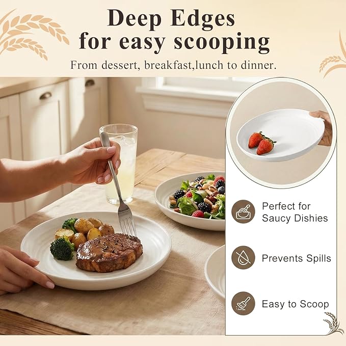 Wheat Straw Plate 8 Inch, Reusable Plastic Plates Set for 8, Unbreakable Small Plate for Salad, Dessert, Cake, Microwavable Plates for Kitchen, Party, Camping, RV - White